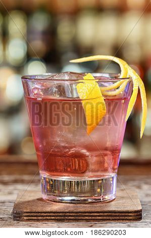 Cocktail knickerbocker based on rum and raspberry liquor - an aromatic cocktail the first punch mentioned in the press in New York in 1862. Space for text