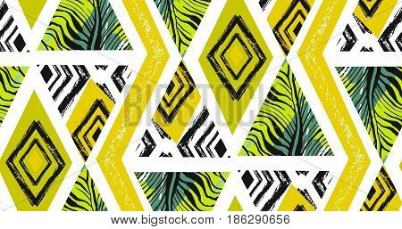 Hand drawn vector abstract freehand textured seamless tropical pattern collage with zebra motif, organic textures, triangles isolated on white background.Wedding, save the date, birthday, fashion decor.