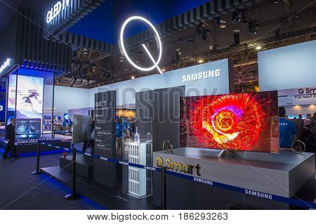 LAS VEGAS - JAN 08 : The Samsung booth at the CES show held in Las Vegas on January 08 2017 CES is the world's leading consumer-electronics show.