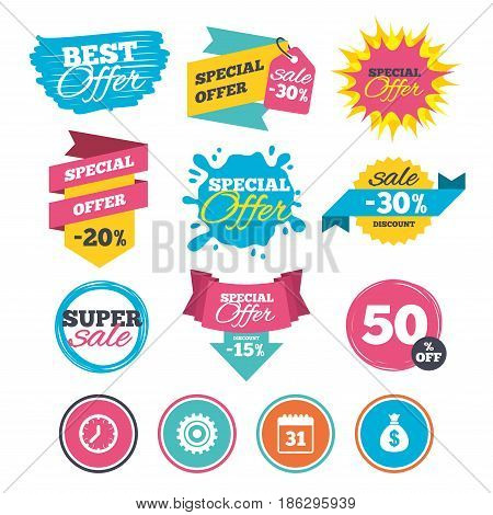 Sale banners, online web shopping. Business icons. Calendar and mechanical clock signs. Dollar money bag and gear symbols. Website badges. Best offer. Vector