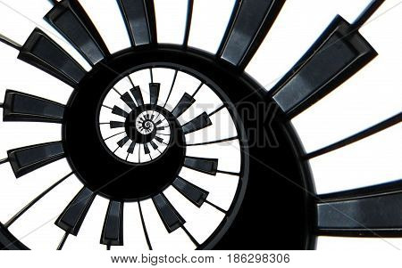 Piano keyboard abstract fractal spiral pattern background. Black and white piano keys round spiral. Spiral stair. Piano concept pattern abstract background. Abstract isolated piano on black. Spiral
