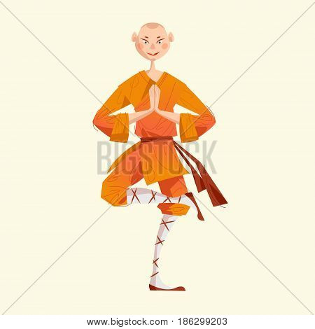 Smiling Shaolin Monk. Kung Fu. Meditating. Vector illustration