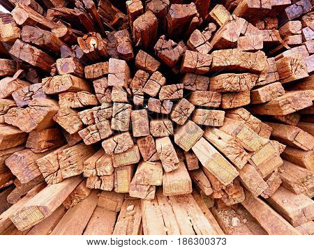 Terrible Smell Pile Of Extracted Old Wooden Ties. Old Oiled Used Oak Railway Sleepers Stored