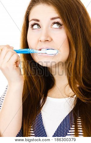 Woman Brushing Cleaning Teeth.