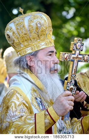 Kiev, Ukraine, celebration liturgy in honor of the baptism of Rus in Kiev Pechersk Lavra - 27 July 2013 -: Portrait Theophilus III Patriarch of Jerusalem