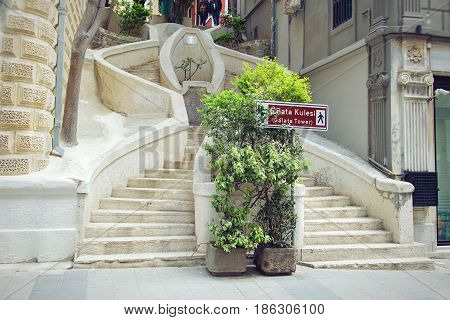 Camondo Stairs in Galata District in Istanul Turkey. The stairs climb the hill from the Galata docks and Avenue of the Banks