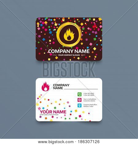 Business card template with confetti pieces. Fire flame sign icon. Fire symbol. Stop fire. Escape from fire. Phone, web and location icons. Visiting card  Vector