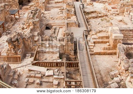 View of the ruins Crusader medieval fortress in Beit Guvrin National Park, Israel.