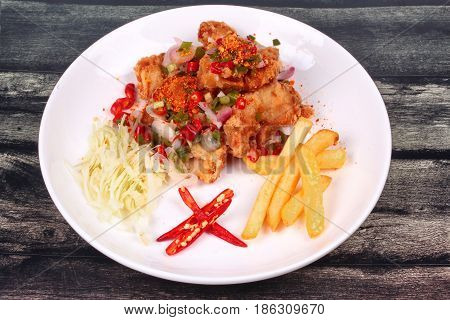 Spicy Crispy Deep-fried Karaoge Chicken Salad.