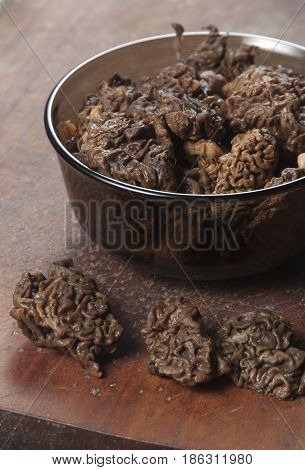 Morel fungus boiled ready for frying close up