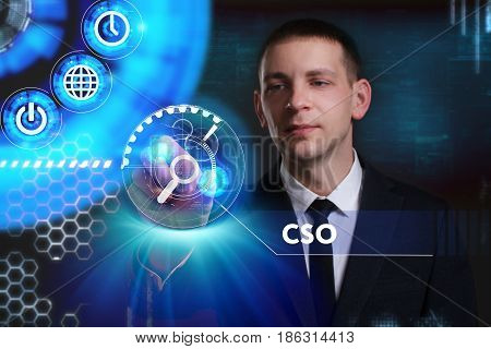 Business, Technology, Internet And Network Concept. Young Businessman Working On A Virtual Screen Of