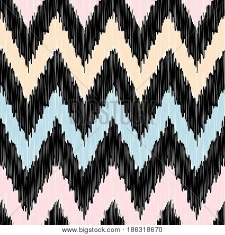 Seamless modern ikat ethnic pattern background. Blue yellow pink black colors. Vector illustration stock vector.