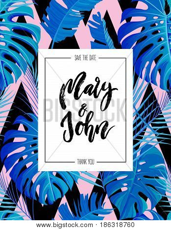 Tropical vertical design with neon pink blue colored exotic palm leaves seamless pattern and wedding save date invitation. Vector illustration stock vector.