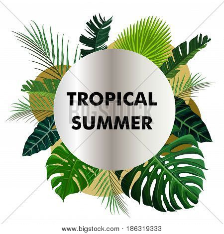 Tropical design with green exotic palm leaves on white golden silver circle frame and note hello summer. Vector illustration stock vector.