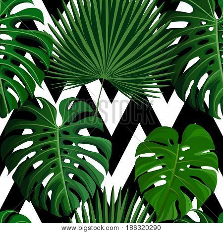 Seamless pattern with green tropical exotic palm leaves on abstract white black zigzag background. Fabric, wrapping paper print. Vector illustration stock vector.