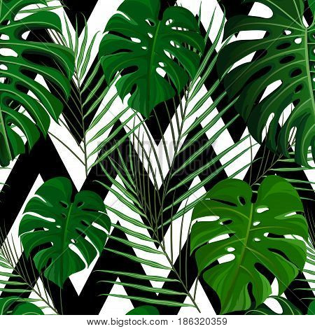 Seamless pattern with green tropical exotic palm leaves on abstract white black zigzag background. Fabric, wrapping paper print. Vector illustration stock vector.
