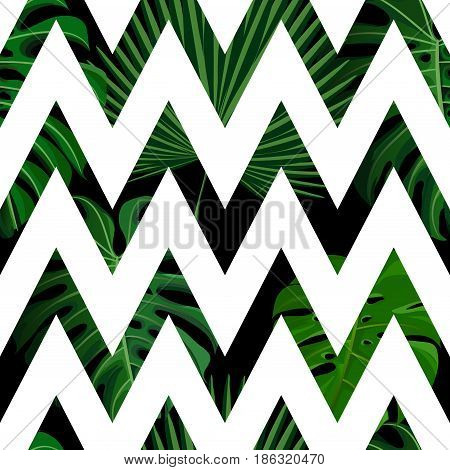 Seamless pattern with green tropical exotic palm leaves on abstract white black zigzag background. Fabric, wrapping paper print. Vector illustration stock vector.
