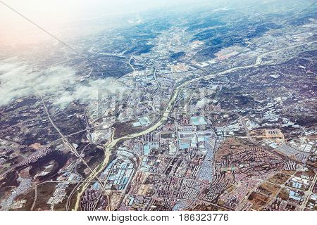 Aerial evening view of Chengdu district. China.