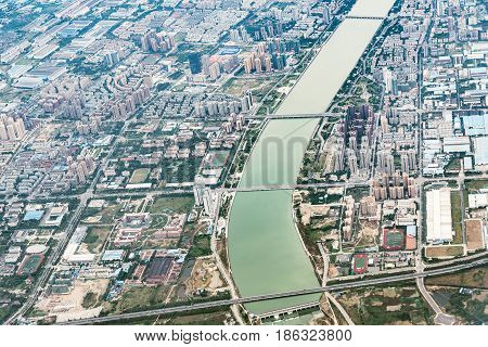 Aerial evening view of Chengdu district. China.