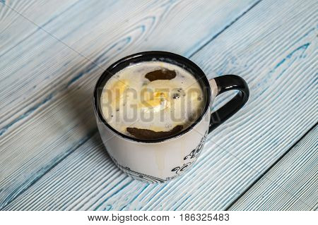 Morning Coffee Mug On The Blue Boards For Wake