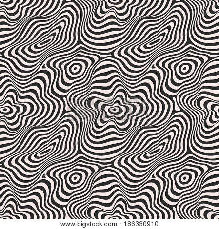 Vector monochrome seamless pattern, curved lines, smooth stripes, black & white background. Abstract dynamical crumpled texture, 3D visual effect, illusion of movement. Original design, repeat tiles