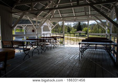 Peaceful Place, Gazebo Over A Beautiful Clean Lake. Spring Season. Rest.