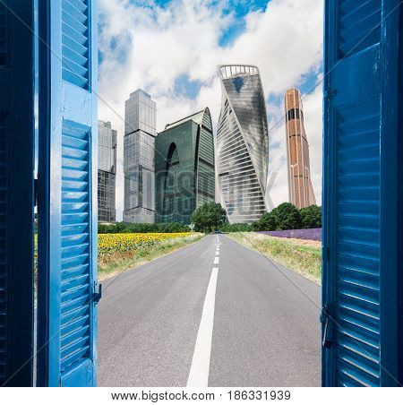 room with open door to raod with modern city - imagination and dreams concept