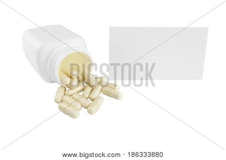Capsules of glucosamine chondroitin healthy supplement pills white container and paper card isolated on white background.