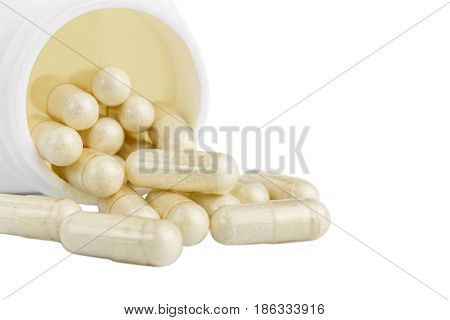 Capsules of glucosamine chondroitin healthy supplement pills and white container isolated on white background.