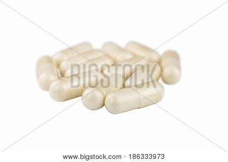 Capsules of glucosamine chondroitin healthy supplement pills isolated on white background.
