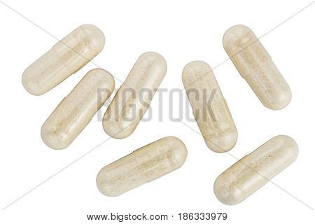 Capsules of glucosamine chondroitin healthy supplement pills isolated on white background top view.