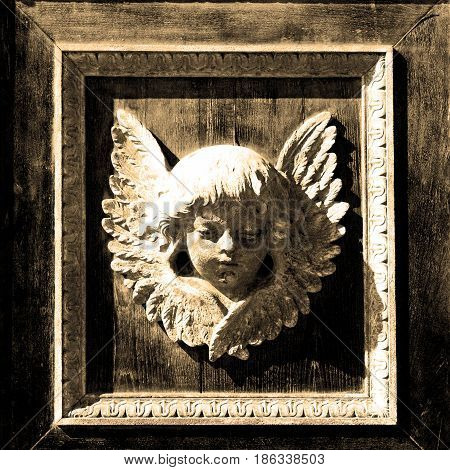 Abstract Statue Of Angel     Texture Of     Brown  Antique Wooden     Old Door