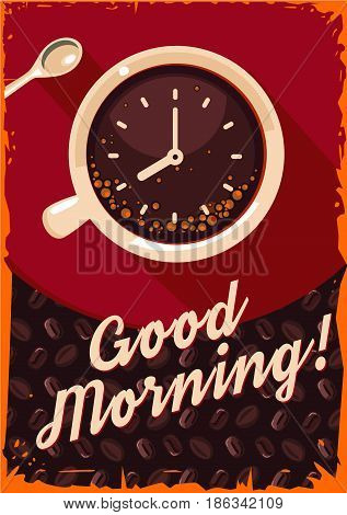Vintage poster with coffee mug and clock.