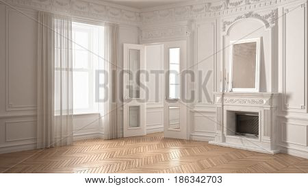 Classic empty room with big window fireplace and herringbone wooden parquet floor vintage white interior design, 3d illustration
