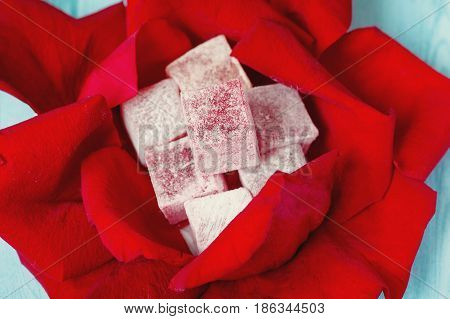 rose flavoured turkish delight with red rose petals