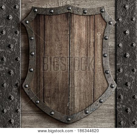 wood shield on medieval castle gate 3d illustration