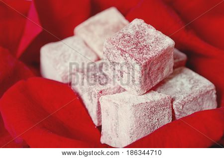 rose flavoured turkish delight with red rose petals