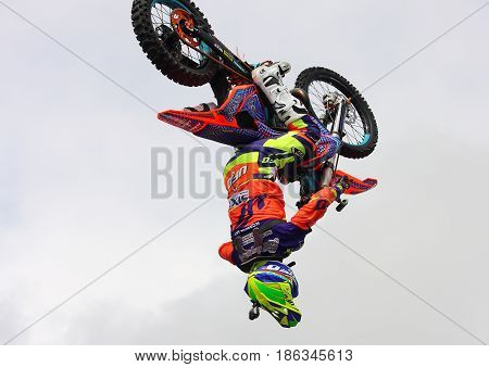 Genoa Italy - May 14 2017: Freestyle Motocross: The stunts of pilots participating in the world championship specialty at Genoa on the seafront.