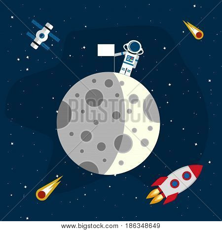 Moon in the background of an open space. An astronaut with flag on the surface of the moon. Vector illustration in a flat style