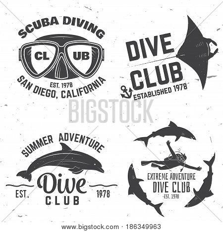 Scuba diving club. Vector illustration. Concept for shirt or logo, print, stamp or tee. Vintage typography design with diving gear silhouette.