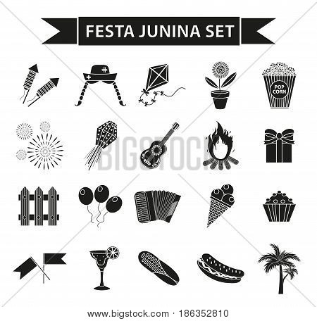 Festa Junina set icons, black silhouette style. Brazilian  festival, celebration of traditional symbols. Collection of design elements, isolated on white background. Vector illustration, clip-art