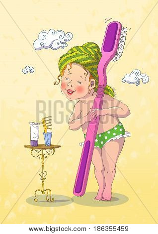 Illustration promotes children's preventive oral hygiene. A healthy child holds a symbolic toothbrush with fervent smile calling for a healthy lifestyle.