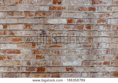Empty Old Brick Wall Texture. Painted Distressed Wall Surface. Grungy Wide Brickwall.