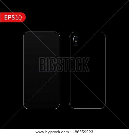 Phone, smartphone, mobile vector mockup isolated on black background with empty screen. Back and front view realistic illustration phone with black color.