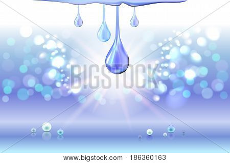 Blue cyan light shiny oil drops, pearls and empty place for objects. Gradient mesh. Cosmetic lotion or liquid. Vector illustration stock vector.