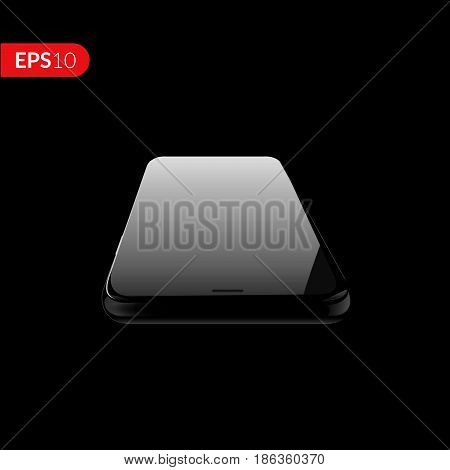 Phone, smartphone, mobile vector mockup isolated on black background with empty screen. Back and front view realistic illustration phone with black color.