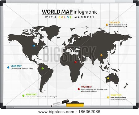 World map infrographic with color magnets and marker pen.