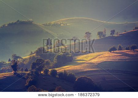 Majestic sunset in a mountains landscape. Holbav, Brasov, Romania