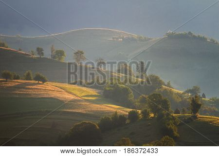 Majestic sunset in a mountains landscape. Holbav, Brasov, Romania