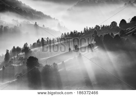 Majestic sunset in a mountains landscape. Holbav, Brasov, Romania
